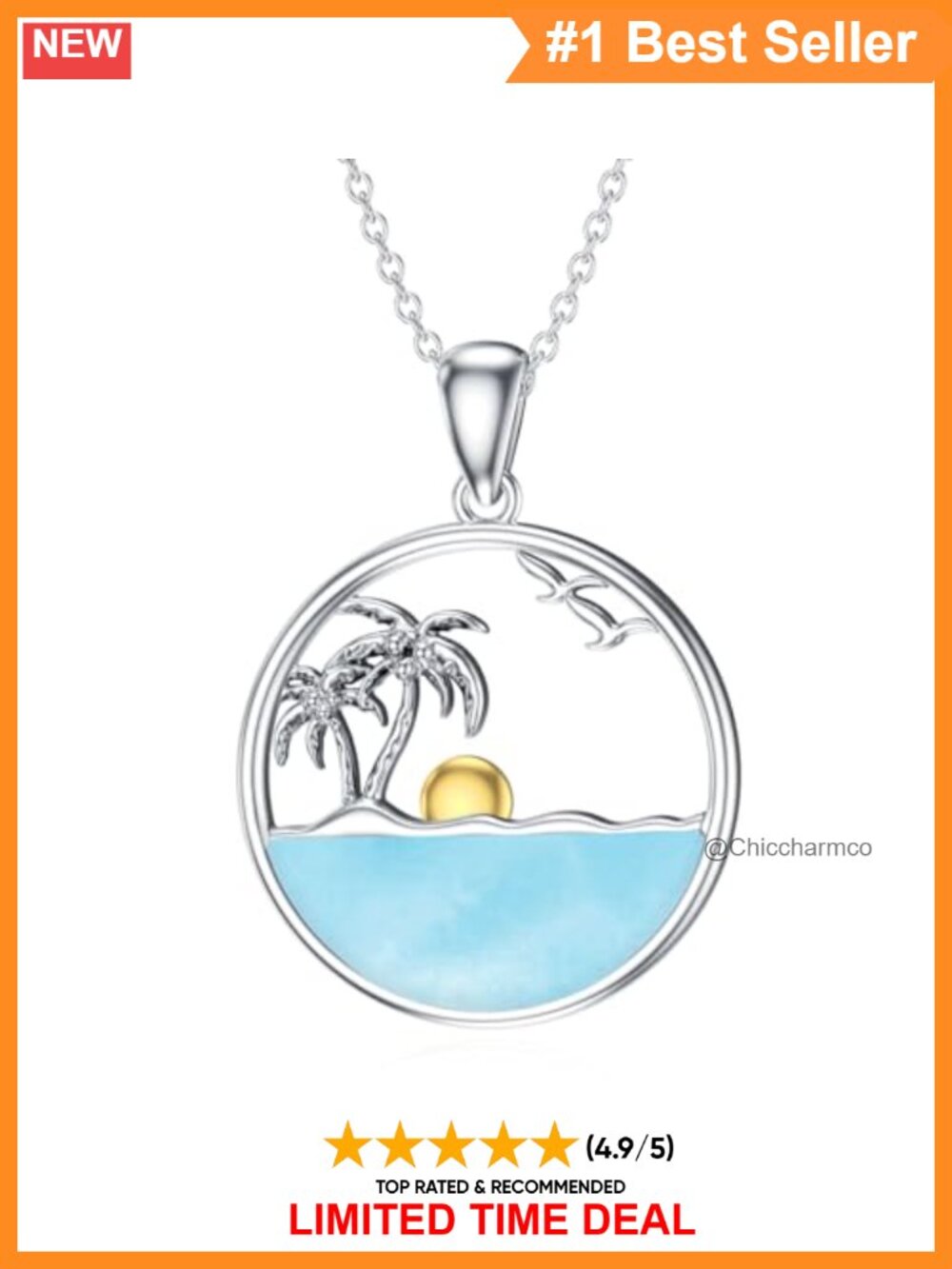 Sterling Silver Larimar Palm Tree Pendant Necklace 18" Adjustable